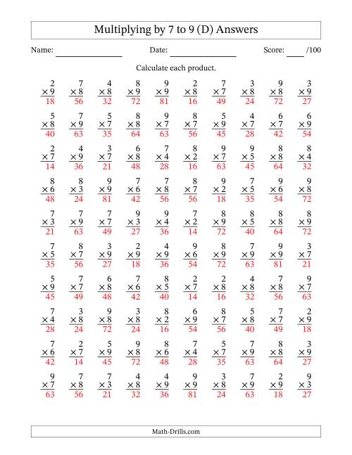 The Multiplying (2 to 9) by 7 to 9 (100 Questions) (D) Math Worksheet Page 2