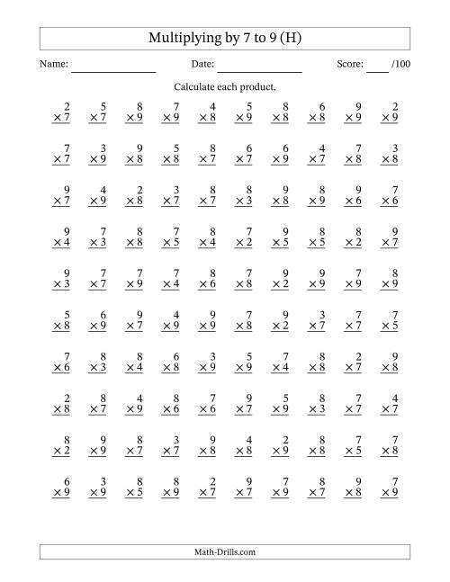 The Multiplying (2 to 9) by 7 to 9 (100 Questions) (H) Math Worksheet