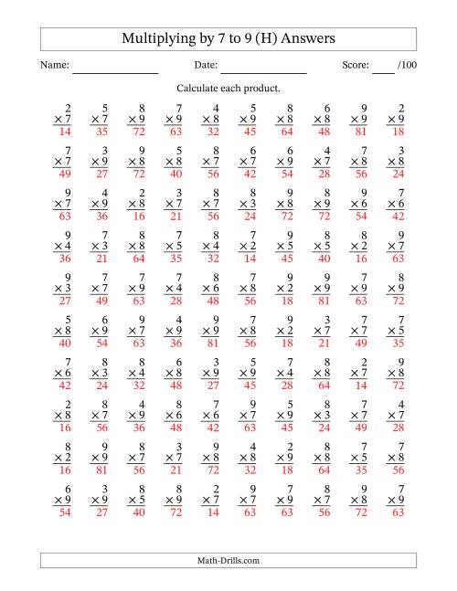 The Multiplying (2 to 9) by 7 to 9 (100 Questions) (H) Math Worksheet Page 2
