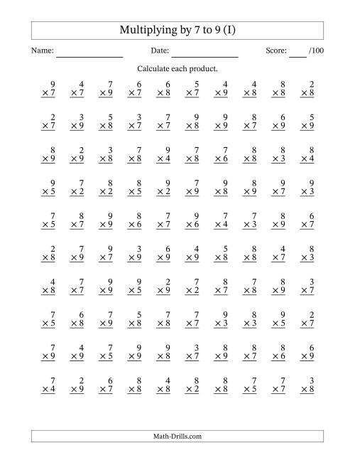 The Multiplying (2 to 9) by 7 to 9 (100 Questions) (I) Math Worksheet