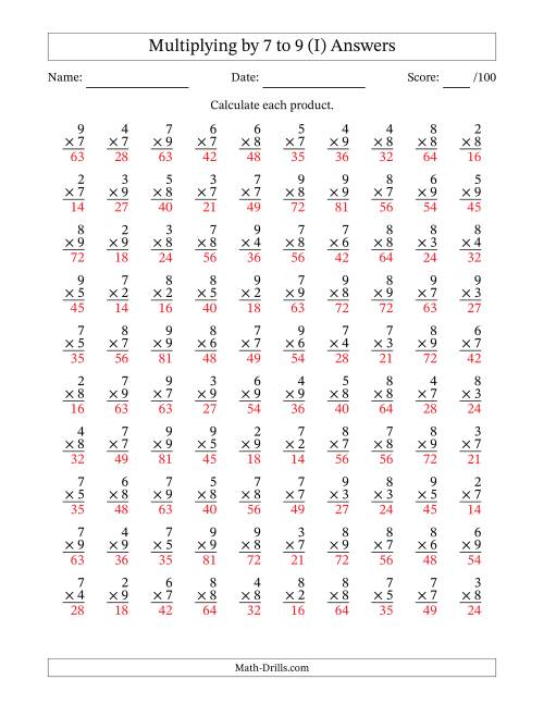 The Multiplying (2 to 9) by 7 to 9 (100 Questions) (I) Math Worksheet Page 2
