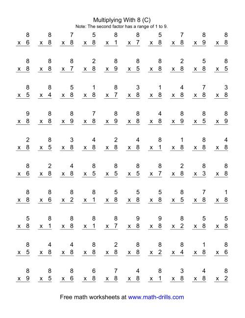 The 100 Vertical Questions -- Multiplication Facts -- 8 by 1-9 (C) Math Worksheet
