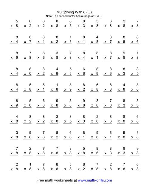 The 100 Vertical Questions -- Multiplication Facts -- 8 by 1-9 (G) Math Worksheet