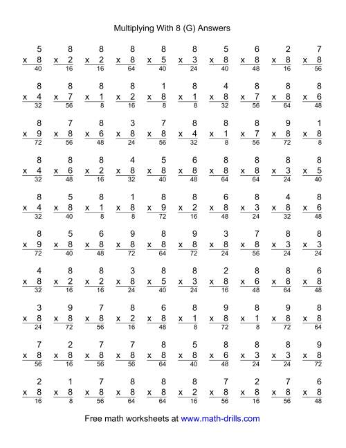 The 100 Vertical Questions -- Multiplication Facts -- 8 by 1-9 (G) Math Worksheet Page 2