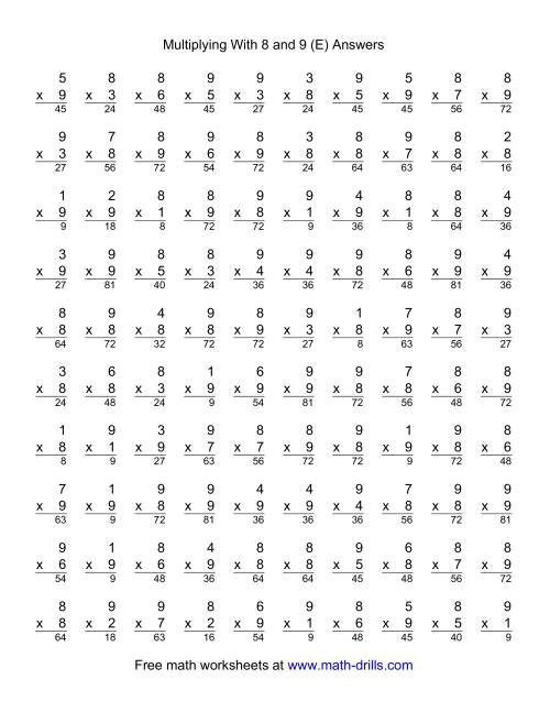 The 100 Vertical Questions -- Multiplication Facts -- 8-9 by 1-9 (E) Math Worksheet Page 2