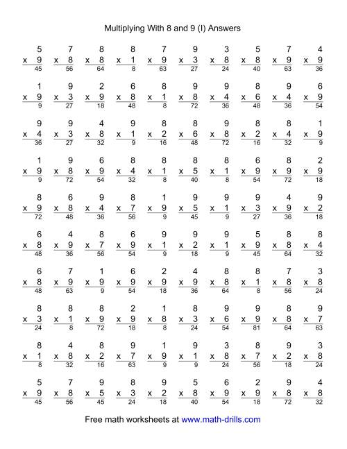 The 100 Vertical Questions -- Multiplication Facts -- 8-9 by 1-9 (I) Math Worksheet Page 2