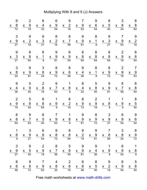 The 100 Vertical Questions -- Multiplication Facts -- 8-9 by 1-9 (J) Math Worksheet Page 2