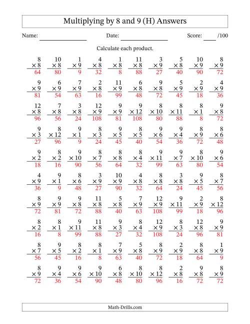 The Multiplying (1 to 12) by 8 and 9 (100 Questions) (H) Math Worksheet Page 2