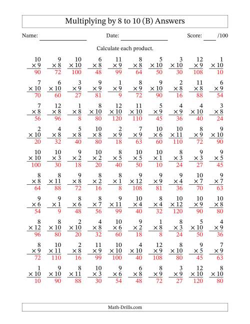 The Multiplying (1 to 12) by 8 to 10 (100 Questions) (B) Math Worksheet Page 2