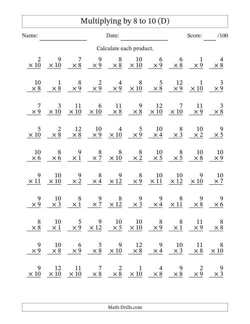 The Multiplying (1 to 12) by 8 to 10 (100 Questions) (D) Math Worksheet