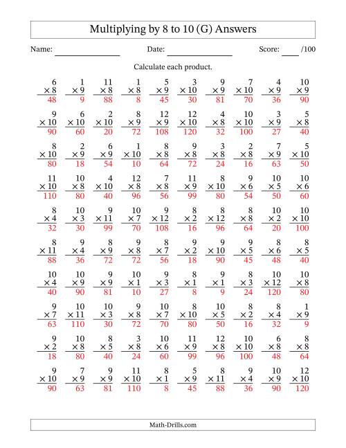 The Multiplying (1 to 12) by 8 to 10 (100 Questions) (G) Math Worksheet Page 2