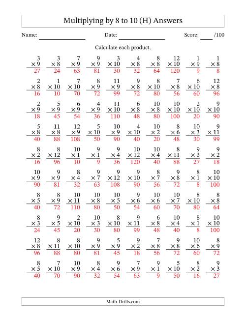 The Multiplying (1 to 12) by 8 to 10 (100 Questions) (H) Math Worksheet Page 2