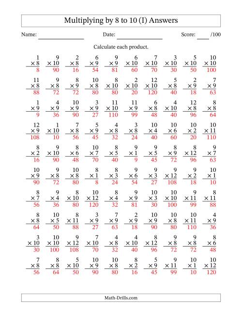 The Multiplying (1 to 12) by 8 to 10 (100 Questions) (I) Math Worksheet Page 2