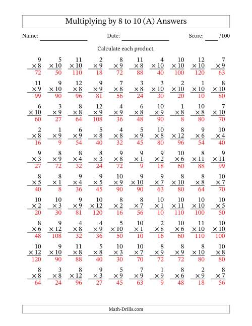 The Multiplying (1 to 12) by 8 to 10 (100 Questions) (All) Math Worksheet Page 2