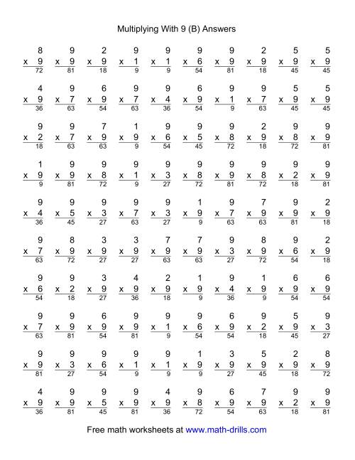 The 100 Vertical Questions -- Multiplication Facts -- 9 by 1-9 (B) Math Worksheet Page 2