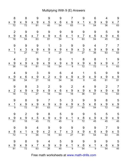 The 100 Vertical Questions -- Multiplication Facts -- 9 by 1-9 (E) Math Worksheet Page 2