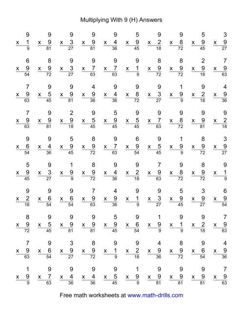 The 100 Vertical Questions -- Multiplication Facts -- 9 by 1-9 (H) Math Worksheet Page 2