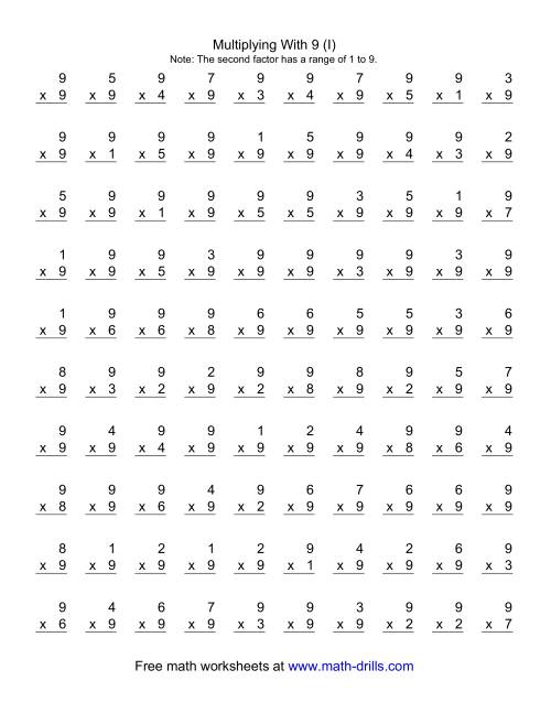 The 100 Vertical Questions -- Multiplication Facts -- 9 by 1-9 (I) Math Worksheet