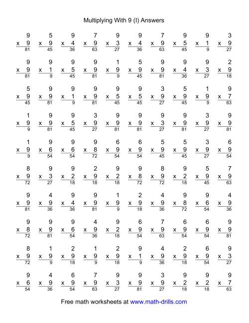 The 100 Vertical Questions -- Multiplication Facts -- 9 by 1-9 (I) Math Worksheet Page 2