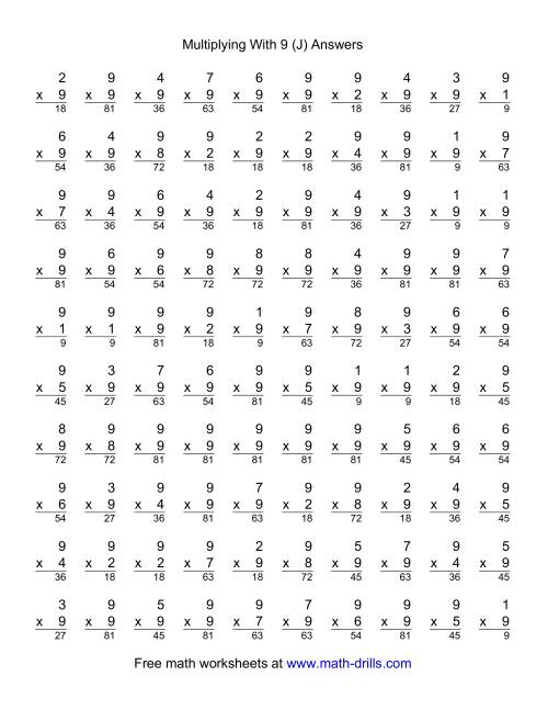 The 100 Vertical Questions -- Multiplication Facts -- 9 by 1-9 (J) Math Worksheet Page 2
