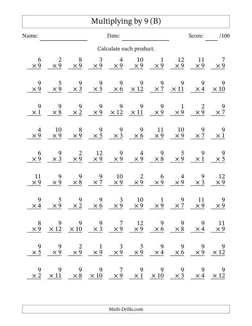 The Multiplying (1 to 12) by 9 (100 Questions) (B) Math Worksheet