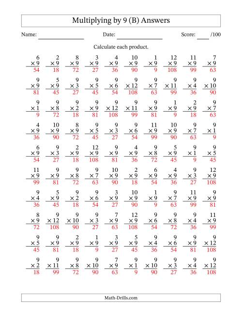 The Multiplying (1 to 12) by 9 (100 Questions) (B) Math Worksheet Page 2