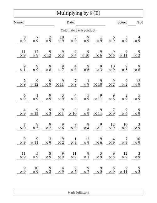 The Multiplying (1 to 12) by 9 (100 Questions) (E) Math Worksheet