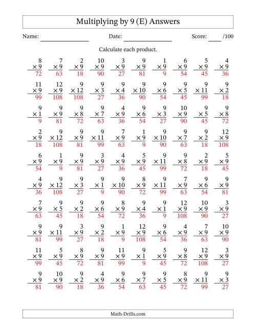 The Multiplying (1 to 12) by 9 (100 Questions) (E) Math Worksheet Page 2
