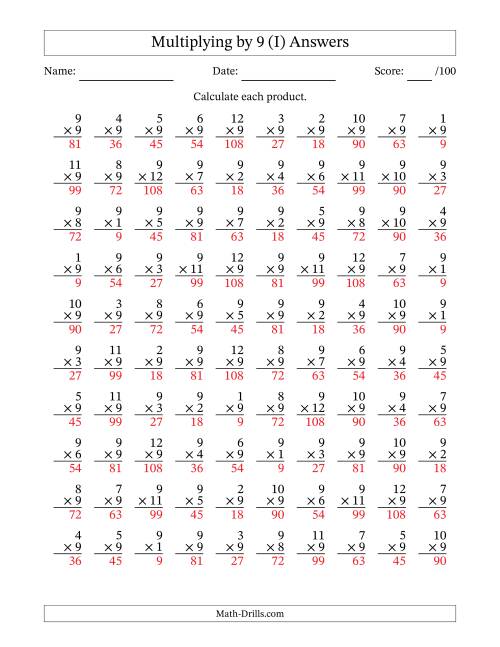 The Multiplying (1 to 12) by 9 (100 Questions) (I) Math Worksheet Page 2
