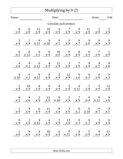 The Multiplying (1 to 12) by 9 (100 Questions) (J) Math Worksheet