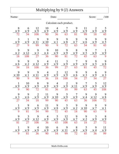 The Multiplying (1 to 12) by 9 (100 Questions) (J) Math Worksheet Page 2