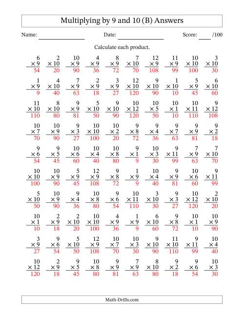 The Multiplying (1 to 12) by 9 and 10 (100 Questions) (B) Math Worksheet Page 2