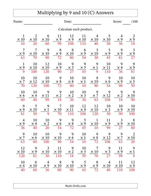 The Multiplying (1 to 12) by 9 and 10 (100 Questions) (C) Math Worksheet Page 2