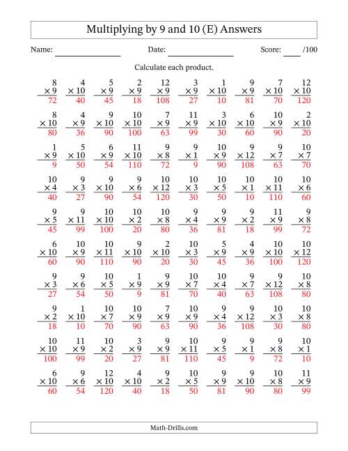 The Multiplying (1 to 12) by 9 and 10 (100 Questions) (E) Math Worksheet Page 2