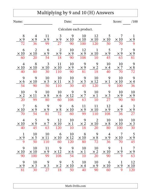 The Multiplying (1 to 12) by 9 and 10 (100 Questions) (H) Math Worksheet Page 2
