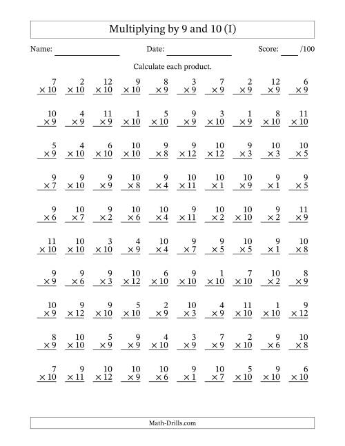 The Multiplying (1 to 12) by 9 and 10 (100 Questions) (I) Math Worksheet