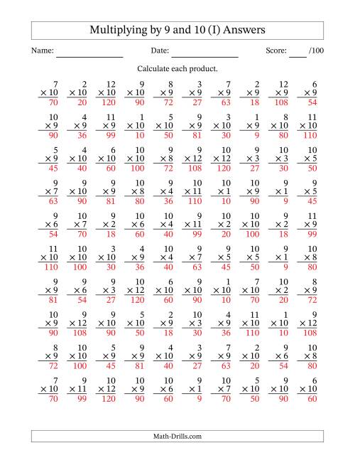 The Multiplying (1 to 12) by 9 and 10 (100 Questions) (I) Math Worksheet Page 2