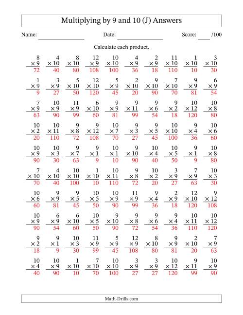 The Multiplying (1 to 12) by 9 and 10 (100 Questions) (J) Math Worksheet Page 2