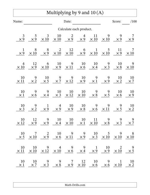 The Multiplying (1 to 12) by 9 and 10 (100 Questions) (All) Math Worksheet