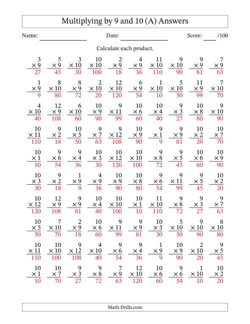 The Multiplying (1 to 12) by 9 and 10 (100 Questions) (All) Math Worksheet Page 2