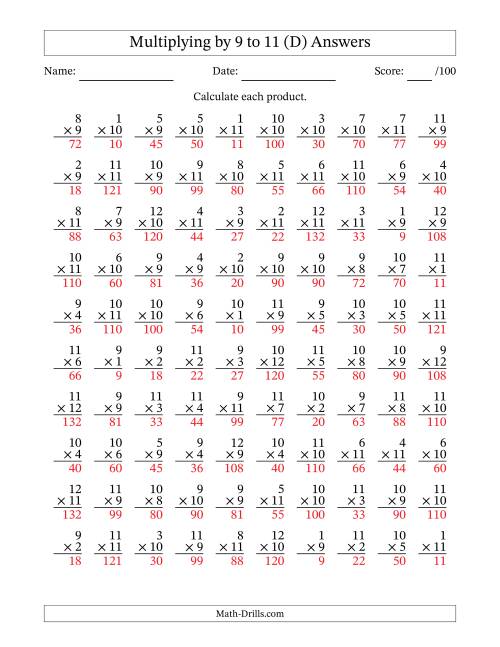 The Multiplying (1 to 12) by 9 to 11 (100 Questions) (D) Math Worksheet Page 2