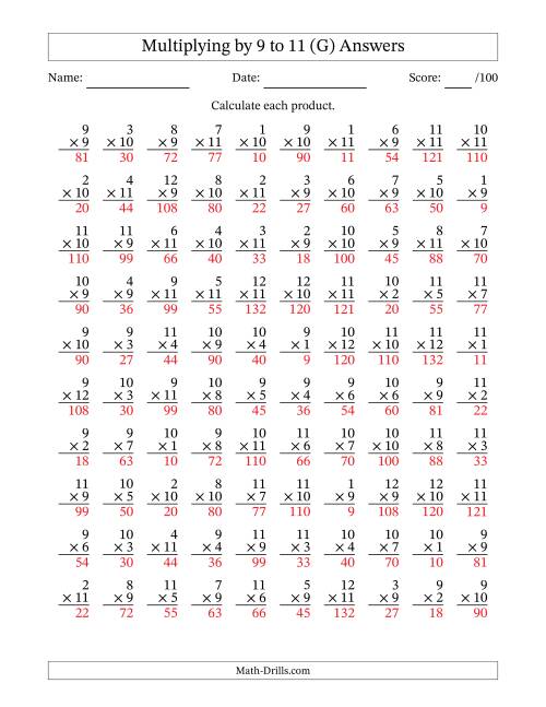 The Multiplying (1 to 12) by 9 to 11 (100 Questions) (G) Math Worksheet Page 2