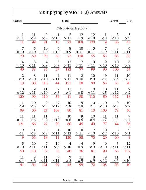 The Multiplying (1 to 12) by 9 to 11 (100 Questions) (J) Math Worksheet Page 2