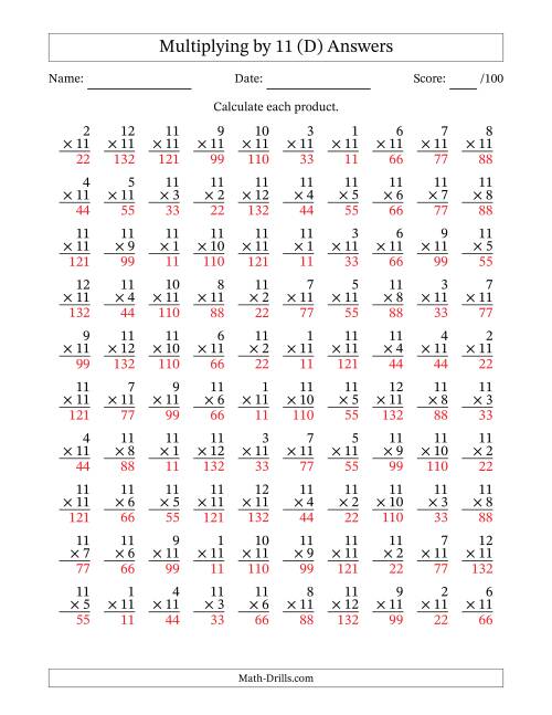The Multiplying (1 to 12) by 11 (100 Questions) (D) Math Worksheet Page 2