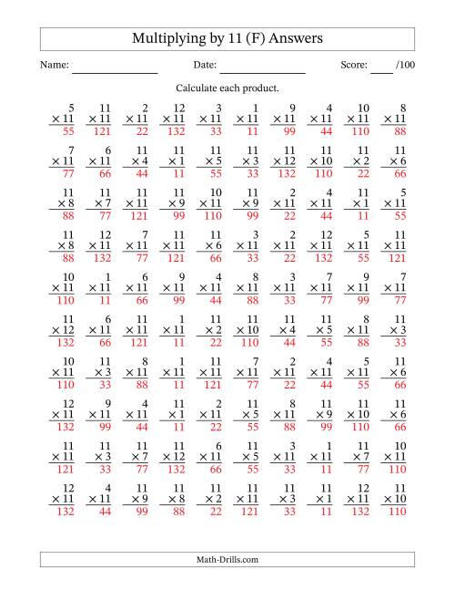 The Multiplying (1 to 12) by 11 (100 Questions) (F) Math Worksheet Page 2