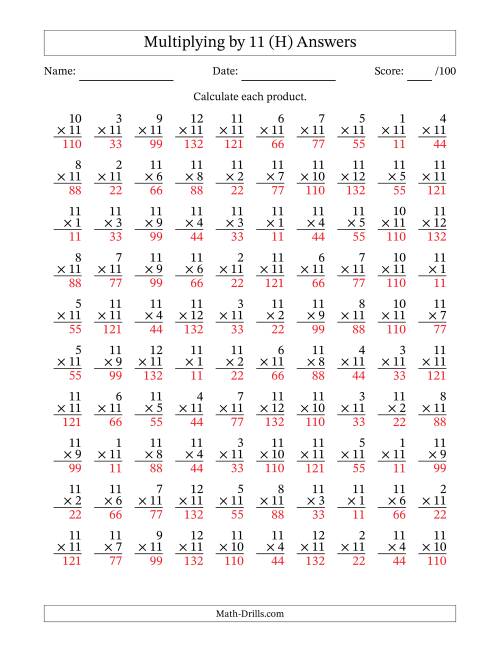 The Multiplying (1 to 12) by 11 (100 Questions) (H) Math Worksheet Page 2
