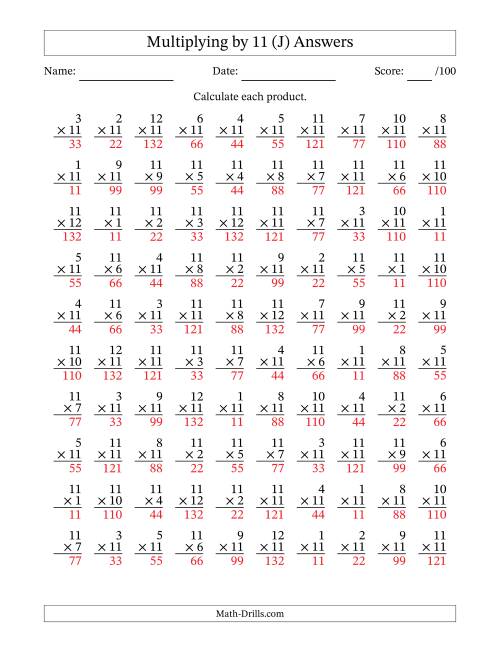 The Multiplying (1 to 12) by 11 (100 Questions) (J) Math Worksheet Page 2