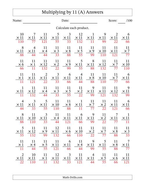 The Multiplying (1 to 12) by 11 (100 Questions) (All) Math Worksheet Page 2