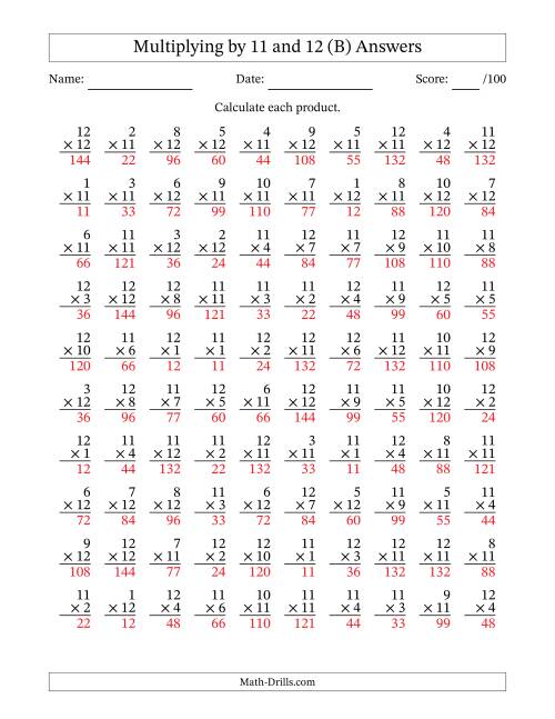 The Multiplying (1 to 12) by 11 and 12 (100 Questions) (B) Math Worksheet Page 2