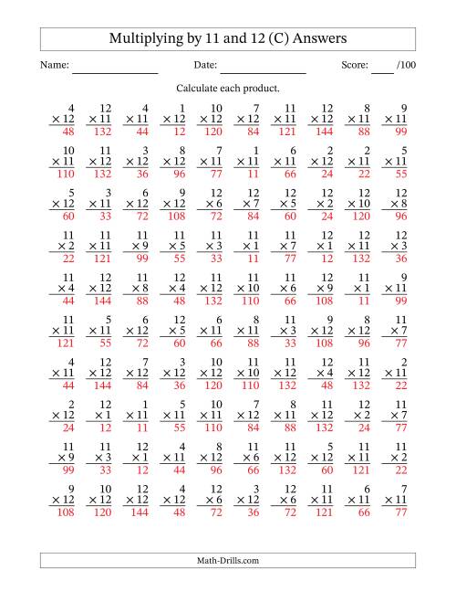 The Multiplying (1 to 12) by 11 and 12 (100 Questions) (C) Math Worksheet Page 2